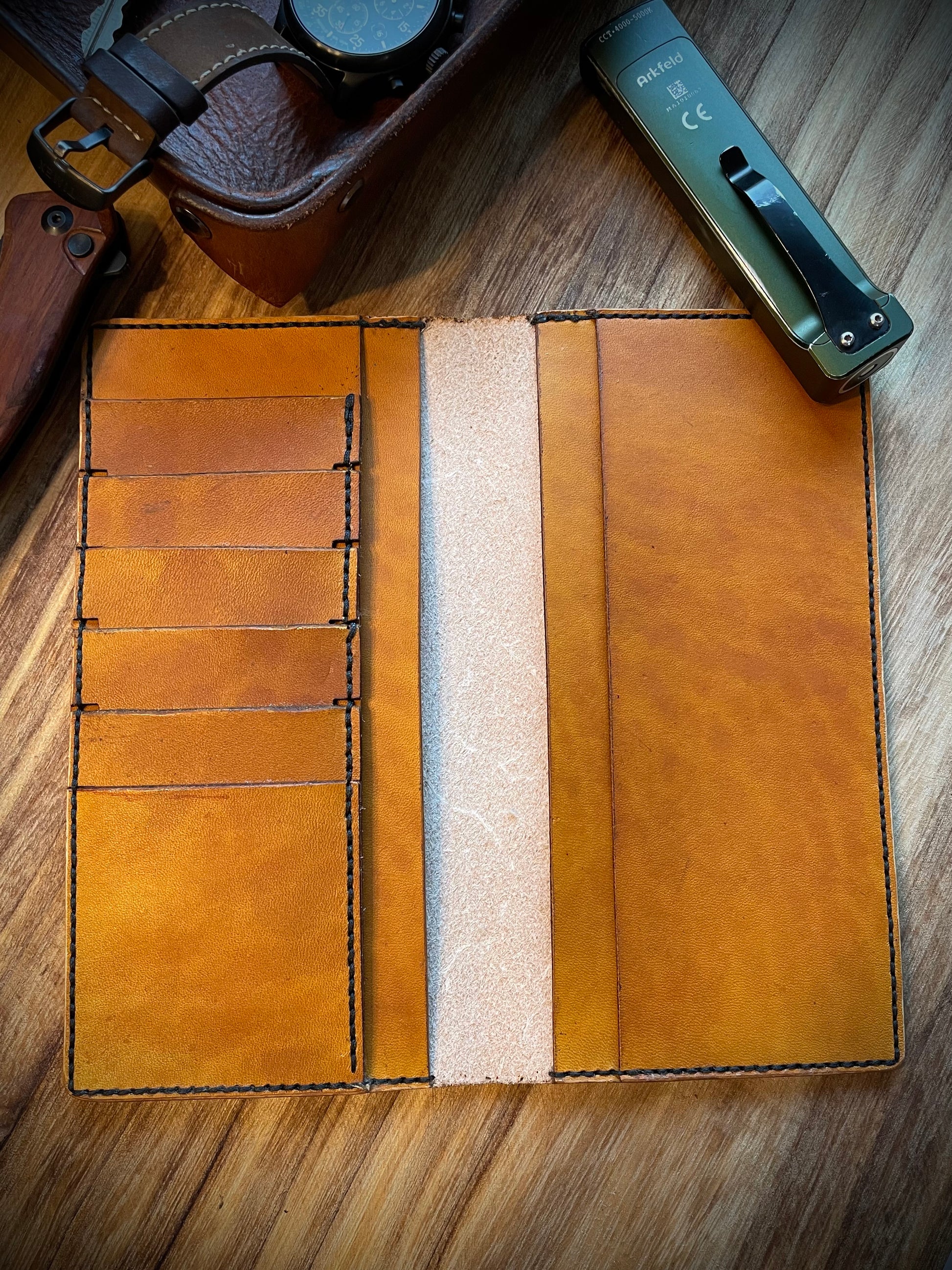 interior view of handmade leather long wallet