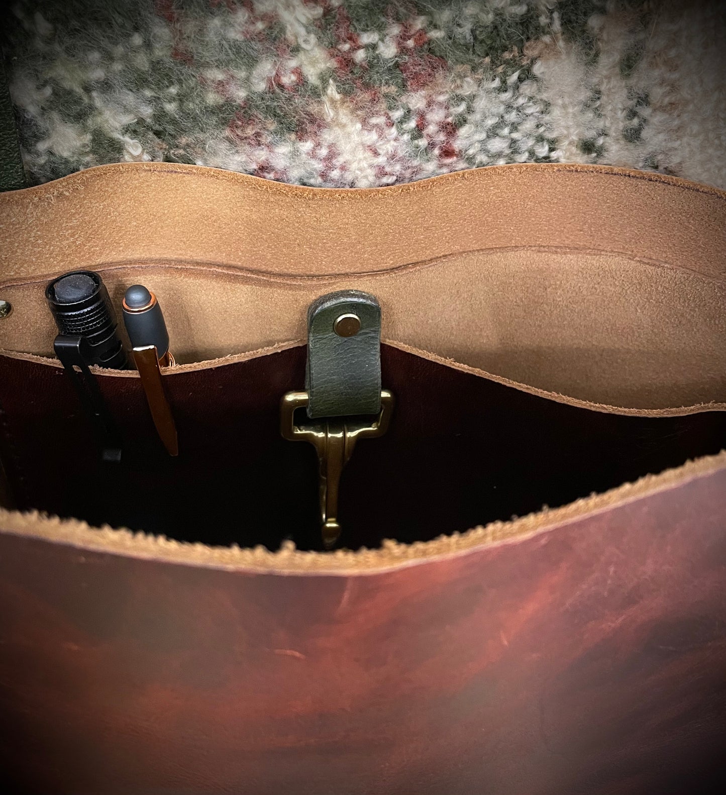 interior pocket, handmade leather tote bag